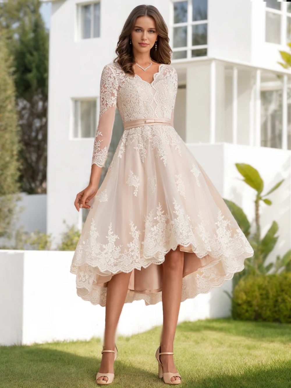 NWT Lecoyoyo Lace High-Low Wedding Dress V-Neck Plus Size 16 16W (Tagged 18W)